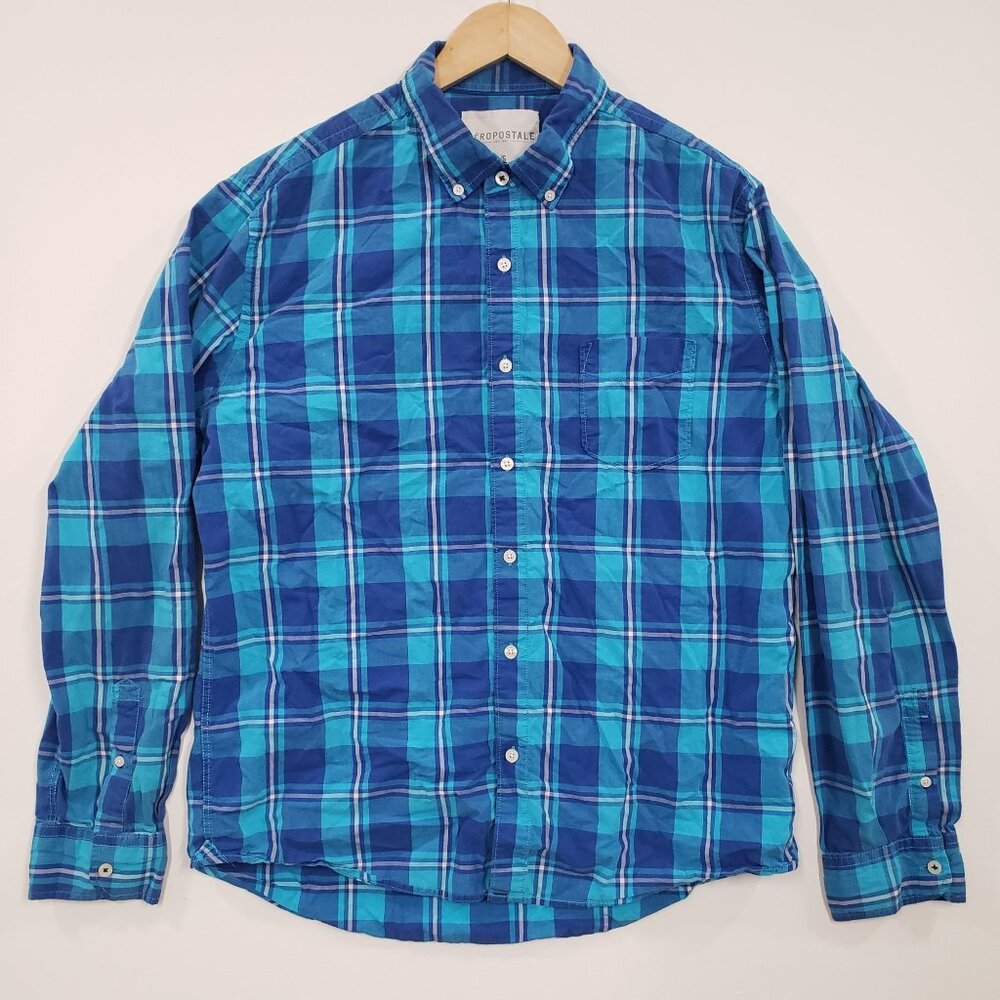 Aeropostale Mens Blue Plaid Long Sleeve Button Down Shirt‎ Size L Cotton Casual